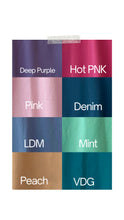 Color swatches with labels including Deep Purple, Hot Pink, Pink, Denim, LDM, Mint, Peach, and VDG on a white background.