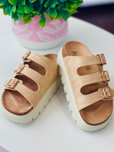 Pair of beige sandals with buckles on a white surface, with a blurred plant in the background.