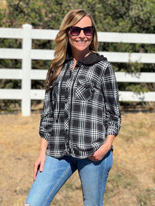 Cupro Print Plaid Hoodie - Black