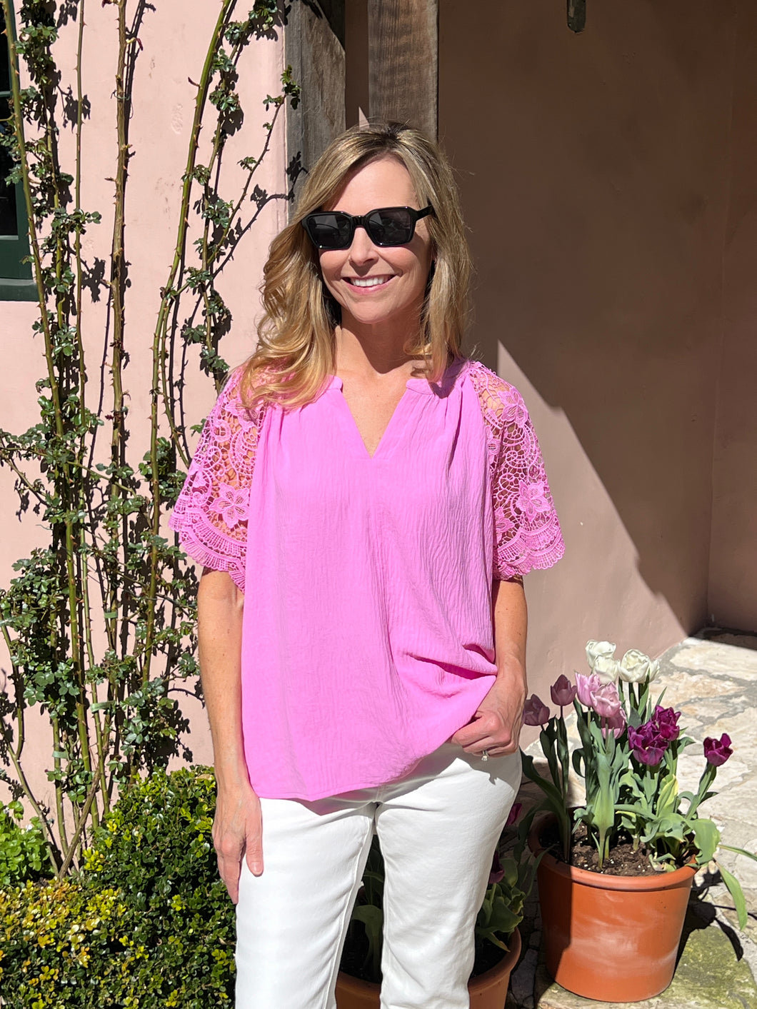 Tell Me More Lace Sleeve Top - Pink