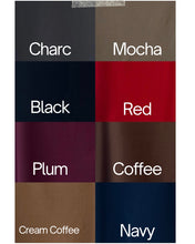 Color swatches with labels for Charcoal, Mocha, Black, Red, Plum, Coffee, and Navy.