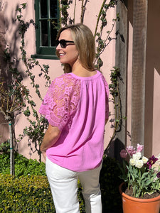 Tell Me More Lace Sleeve Top - Pink