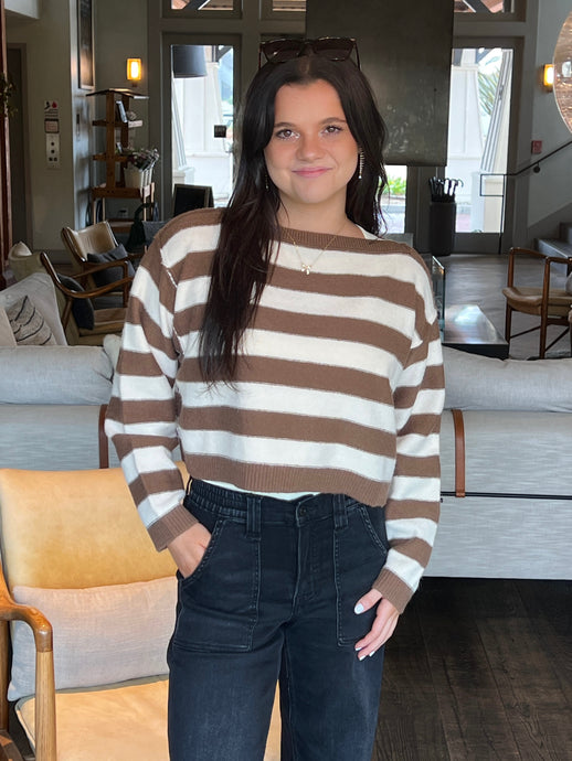 Must Have Stripe Crop Sweater - Brown