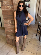 Faux Suede Belted Dress - Navy