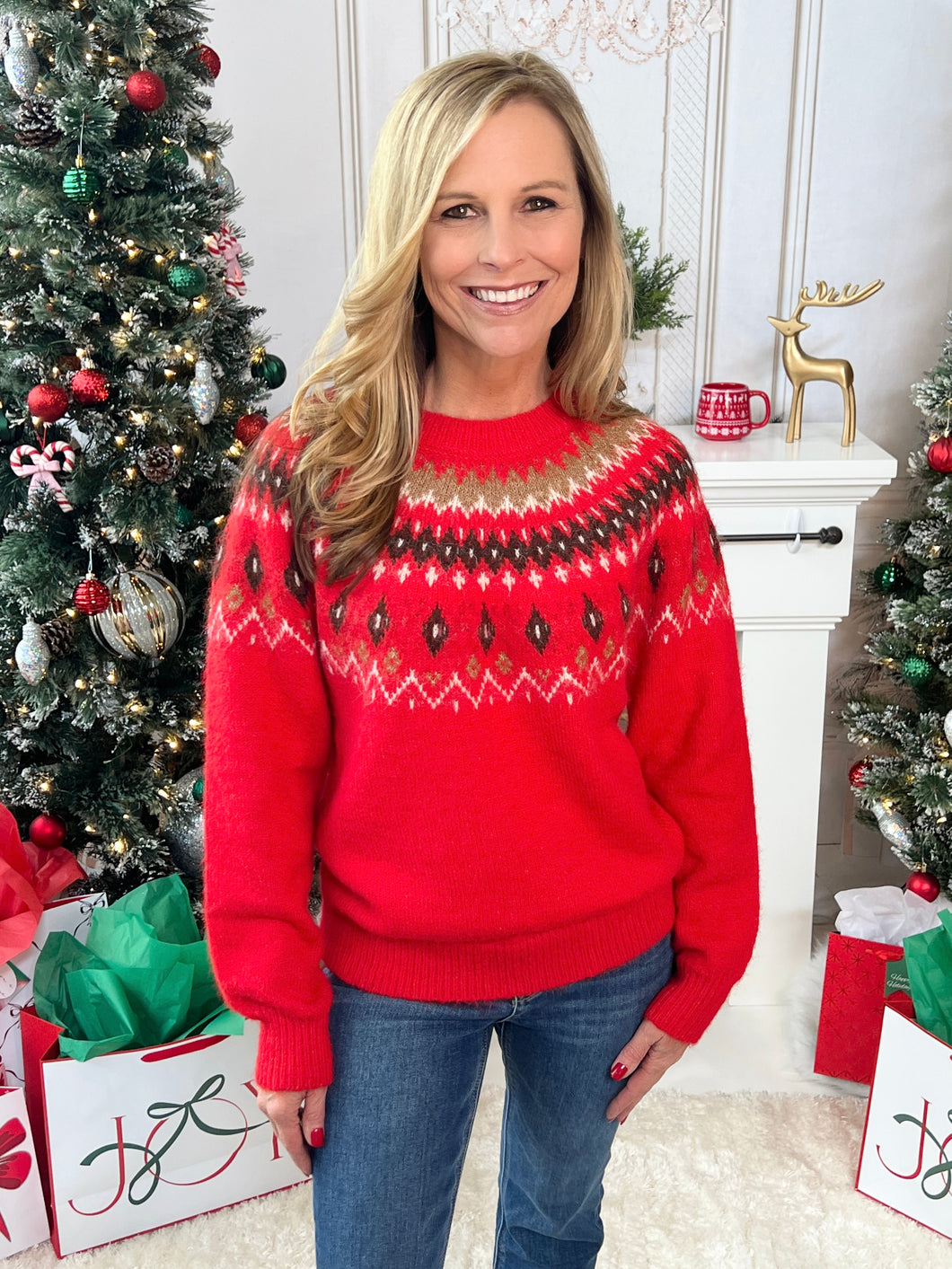 Fuzzy Fair Isle Sweater - Red