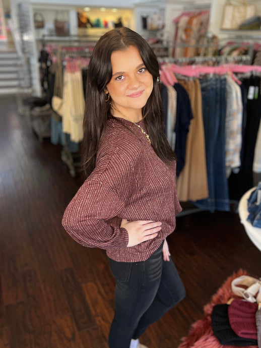 Marled Ribbed Knit Top - Oxblood