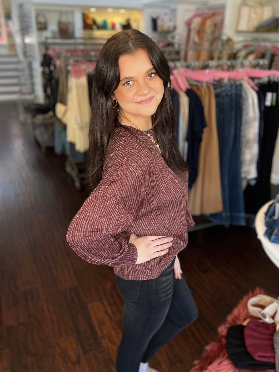 Marled Ribbed Knit Top - Oxblood