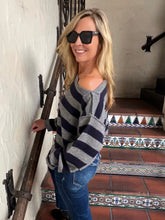 A woman with blonde hair wearing a gray and navy blue striped knit sweater, blue jeans, and black sunglasses, standing on a tiled staircase indoors.