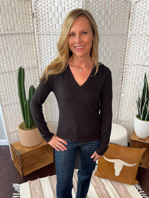 V-Neck Long Sleeve Shirring Top - Java