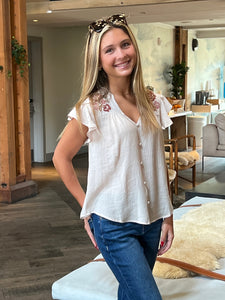 Floral Detail Embroidered Top - Khaki