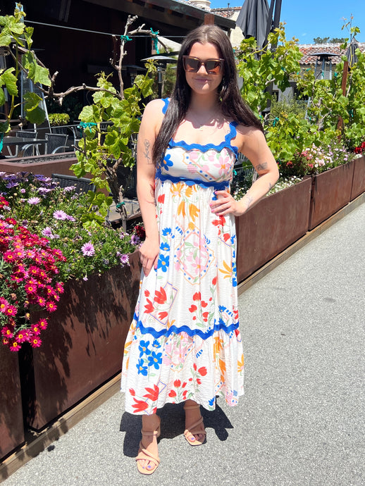 Midi dress with rik-rac trim and a floral fabric.