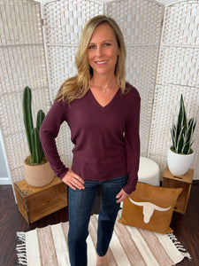 V-Neck Long Sleeve Shirring Top - Maroon