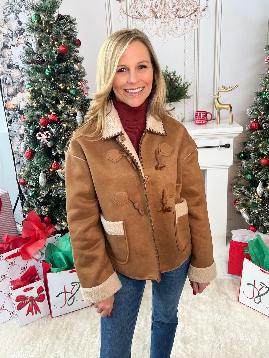 Faux Shearling Suede Toggle Jacket - Camel