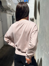 A woman wearing a light pink crewneck sweatshirt with a printed Schnauzer dog graphic on the front, paired with black pants and sunglasses, standing in a sunlit outdoor alleyway.
