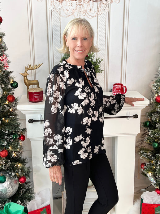 Floral Print Peasant Top - Black Combo