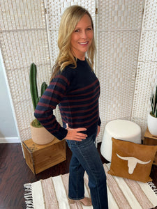Drop Shoulder Navy/Burg Stripe Sweater