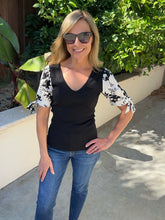 Ribbed Floral Detail Sleeve Top
