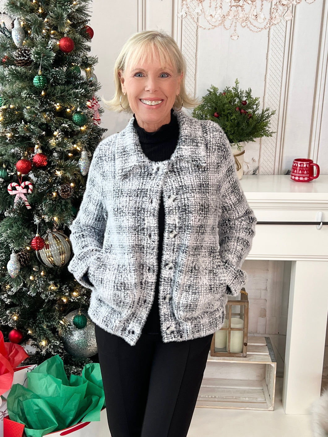 Plaid Sweater Bomber - Grey Mix