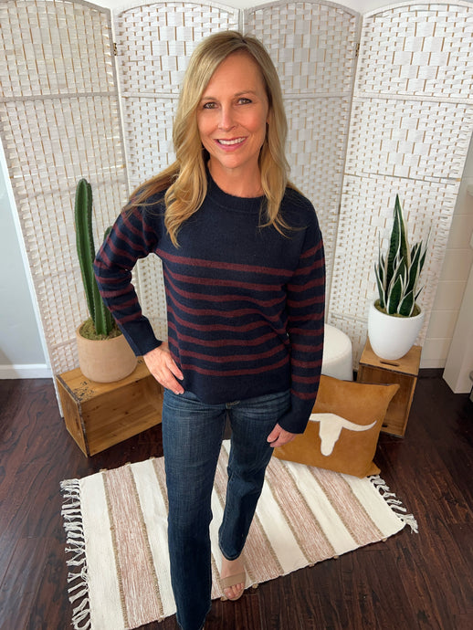 Drop Shoulder Navy/Burg Stripe Sweater
