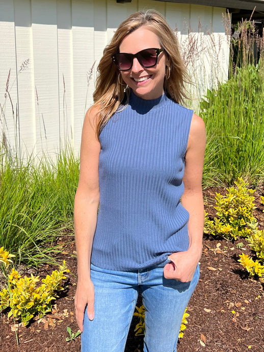 Mock Sleeveless Ribbed Top - Chambray