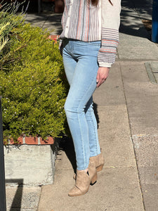 Photo of light washed skinny jeans front view.